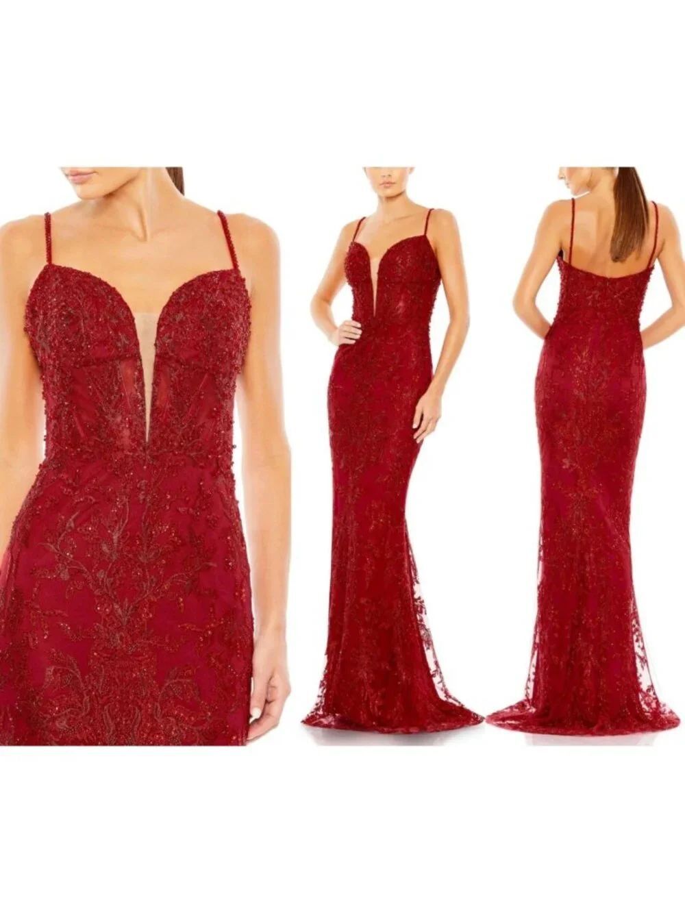 Mac Duggal Red Embellished Plunge Neck Illusion Mermaid Gown Dress Size 12